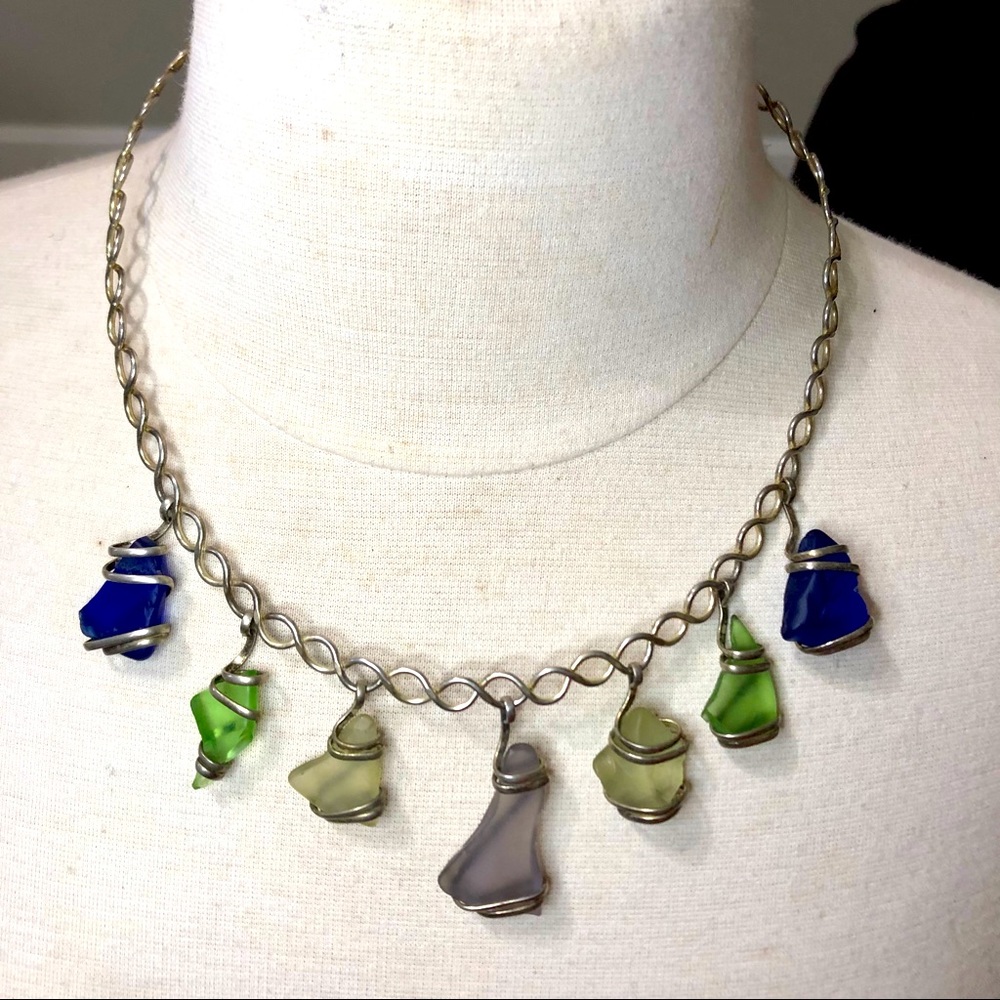 Handmade Glass Stone Ornament Silver Necklace